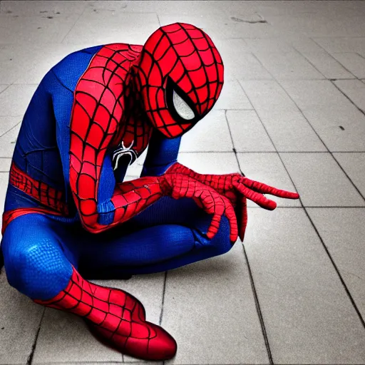 Image similar to editorial photography of spiderman caught homeless