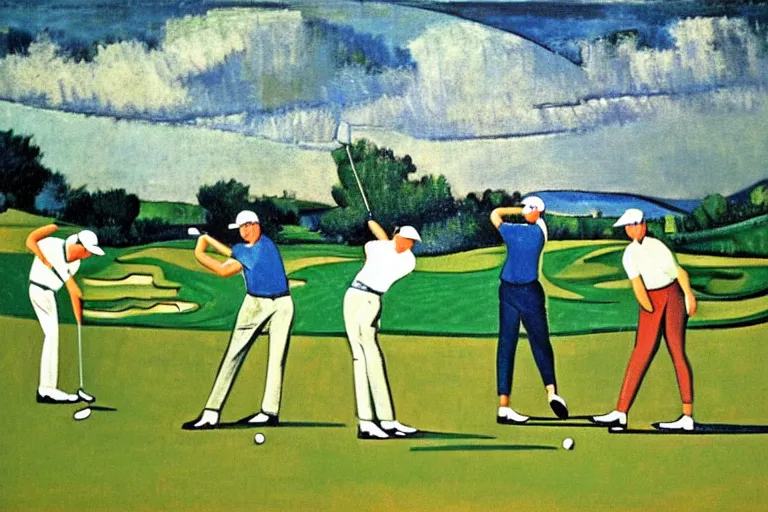 Prompt: Three golfers on a beautiful golf course driving range, by Picasso