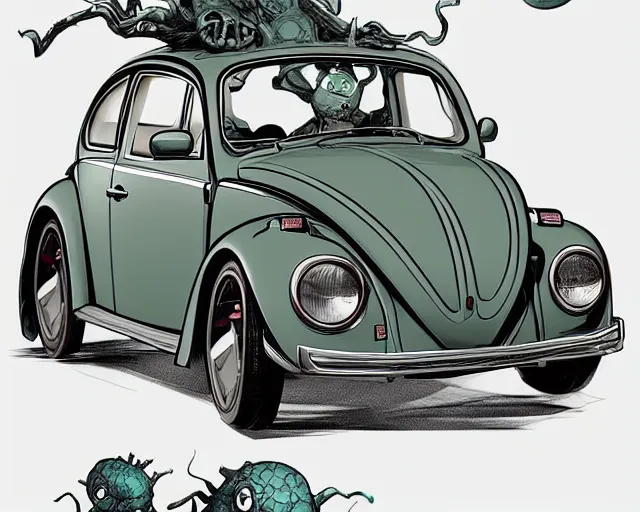 Image similar to a study of cell shaded portrait of a Volkswagen Beetle llustration, post grunge, concept art by josan gonzales and wlop, by james jean, Victo ngai, David Rubín, Mike Mignola, Laurie Greasley, highly detailed, sharp focus, alien, Trending on Artstation, HQ, deviantart, art by artgem