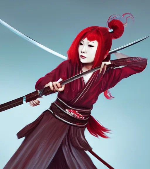 Image similar to a girl with red hair holding a katana, samurai outfit, japanese clothes, ponytail, action shot, highly detailed, digital painting, artstation, concept art, smooth, sharp focus, cosplay, illustration