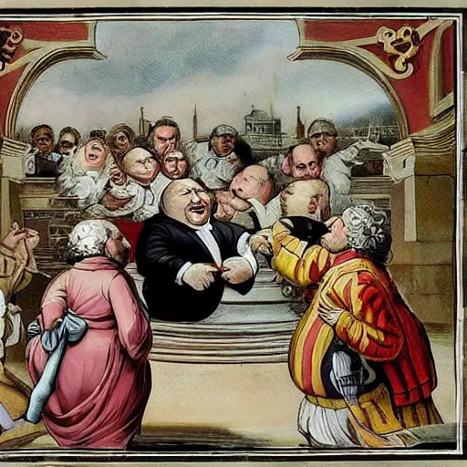 Prompt: fat politicians with big bellies are draining souls of innocent peoples in baroque style , politicians as devil