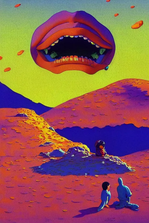 Prompt: a colorful vibrant closeup portrait of blue sky licking a tab of lsd acid on his tongue and dreaming psychedelic hallucinations, by kawase hasui, moebius, edward hopper and james gilleard, zdzislaw beksinski, steven outram colorful flat surreal design, hd, 8 k, artstation