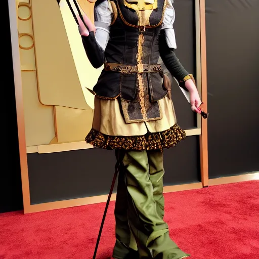 Prompt: full body photo of emma stone as a steampunk archer