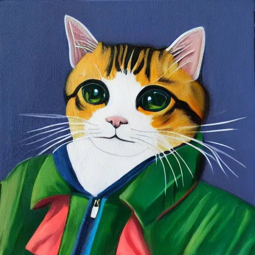 Prompt: cat with a stylish jacket, painting