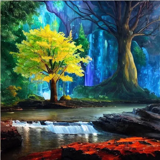 Image similar to A beautiful, highly detailed, very realistic oil painting of a single tree with rainbow leaves, next to a small river, glowing bright blue in the middle of a huge, very dark cave, with lots of dark grey rocks, oil painting by Afremov and Greg Rutkowski.