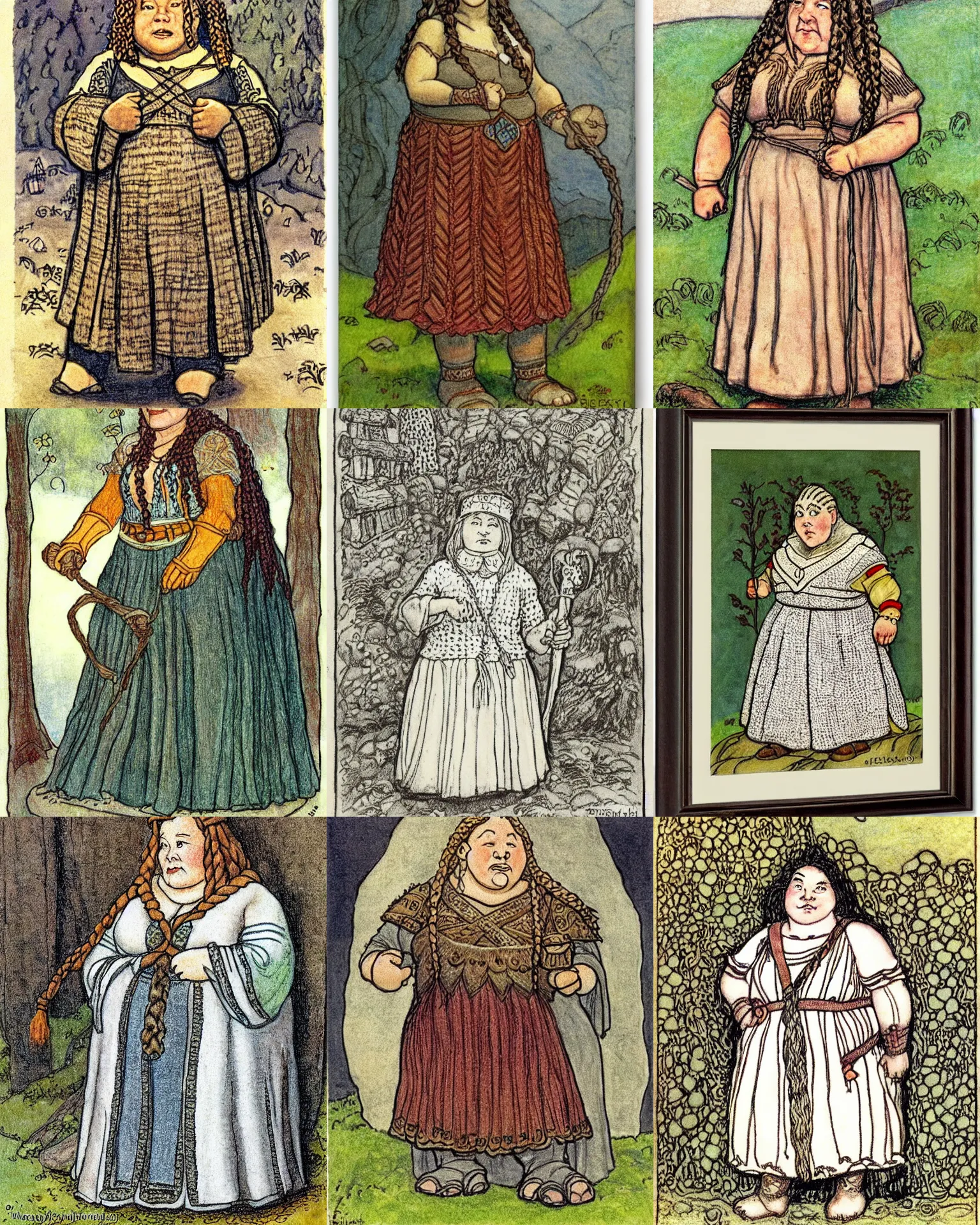 Prompt: female dwarven noblewoman, chubby short stature, braided intricate hair, by elsa beskow