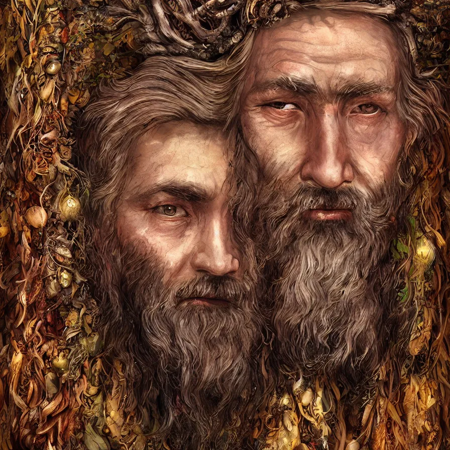 Image similar to Portrait of the Primeval Forest God, a bearded Western male druid deity that presides over nature and brings wisdom onto the world. His body is partially covered in tree bark. Headshot, insanely nice professional hair style, dramatic tribal dark hair color, bright colourful halo around the head, digital painting, of a old 17th century, amber jewels, baroque, ornate clothing, tribalistic sci-fi, realistic, hyper-detailed, chiaroscuro, concept art, art by Franz Hals and Jon Foster and Ayami Kojima and Amano and Karol Bak,