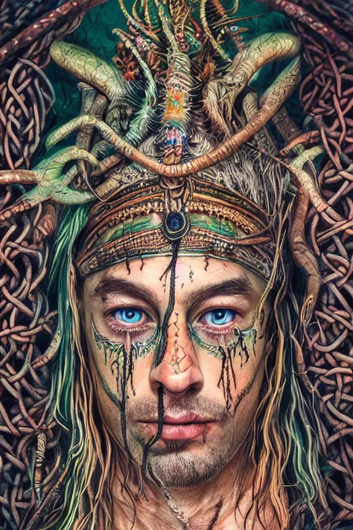 Image similar to hyperrealistic hyper detailed neo-surreal close-up 35mm portrait of levitating psychedelic shaman covered in Celtic tattoos, dinosaur head headdress, rococo matte painting concept art very dramatic lighting low angle hd 8k sharp shallow depth of field