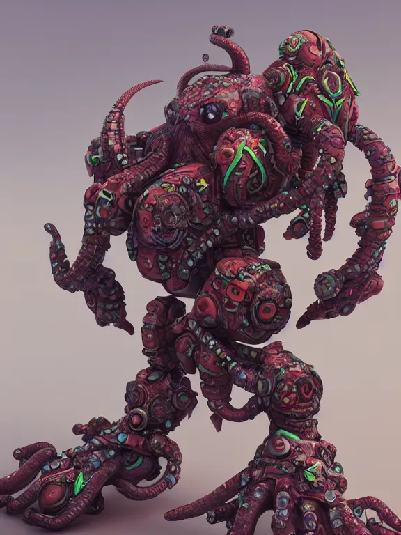 Prompt: full body frontview portrait of warrior in octopus mech, character design, designed in blender, 4 k hd, octane render, intricate and highly detailed, coloured with lots of colour, posing