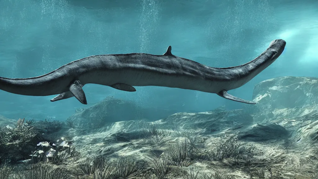 Image similar to underwater photo of a plesiosaur, murky water, hyperrealistic, Cryengine 8k UHD