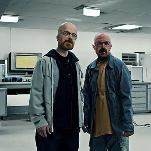 Prompt: walter white and jessie pinkman in gus frings underground laboratory
