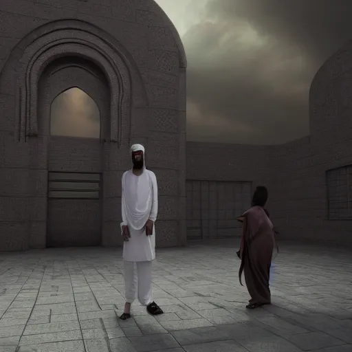 Image similar to a jinn lurking behind a muslim, digital art, realistic, unreal engine 4