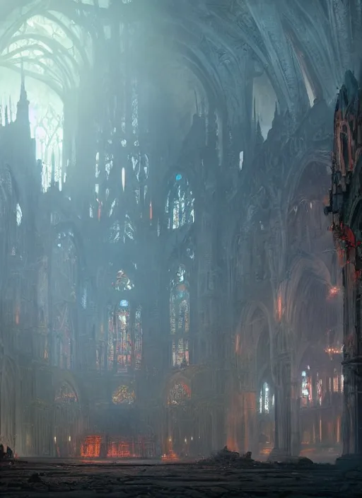 Prompt: ruined cathedral in hell full of giant crabs. fantasy concept art. moody epic painting by james gurney, greg rutkowski, giger, maxim verehin and alphonso mucha. artstationhq. painting with vivid color. ( dragon age, witcher 3, lotr )