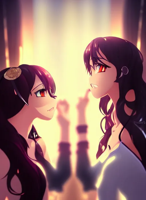 Image similar to two beautiful female rivals taunting each other, casual clothes, gorgeous faces, smooth, cinematic lighting, detailed anime art