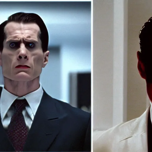 Image similar to a still of a Draconian in the American Psycho (2000), doing the Bateman stare, cinematic still, 4K Bluray