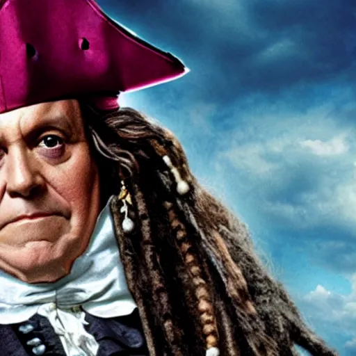 Prompt: movie still of benjamin franklin in pirates of the caribbean