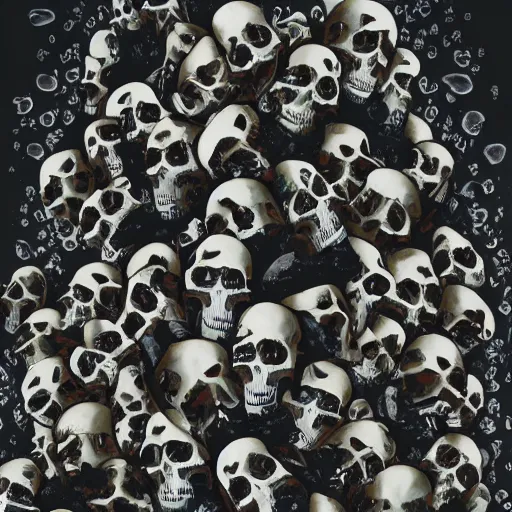 Image similar to vertical pile of 3 skulls vomiting black tar, anna and elena balbusso