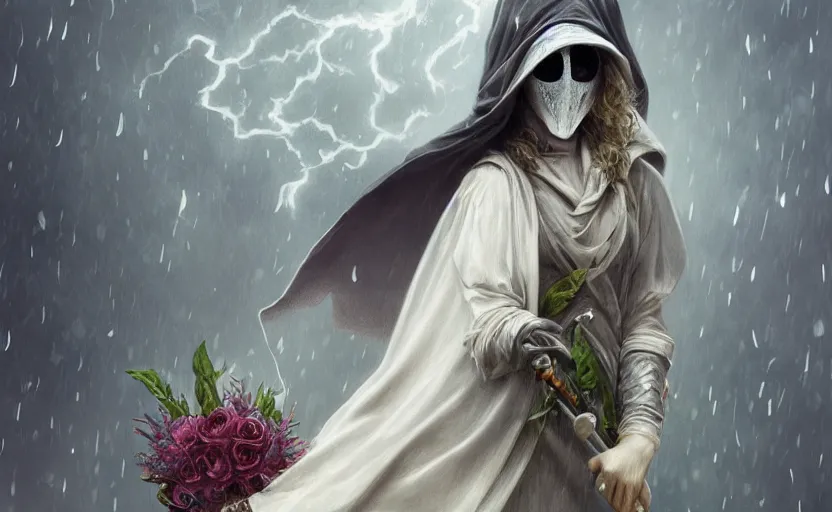 Image similar to female plague doctor holding flowers, heavy rain, wind, thunder, reflections, deep focus, d & d, fantasy, intricate, elegant, highly detailed, digital painting, artstation, concept art, matte, sharp focus, illustration, hearthstone, art by artgerm and greg rutkowski and alphonse mucha