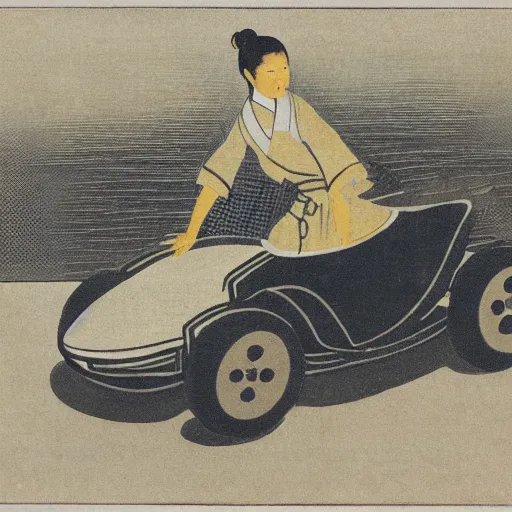 Prompt: a japanese print of a woman driving a frog car