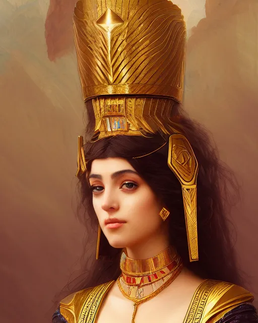 Image similar to Jessica Kahawaty as a beautiful egyptian princess, gorgeous, portrait, powerful, intricate, beautiful, masterpiece, elegant, volumetric lighting, digital painting, highly detailed, artstation, sharp focus, illustration, William-Adolphe Bouguereau, Hajime sorayama, ruan jia