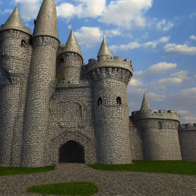 Image similar to complex 3 d render, hyper realistic, looking close up at a well maintained castle