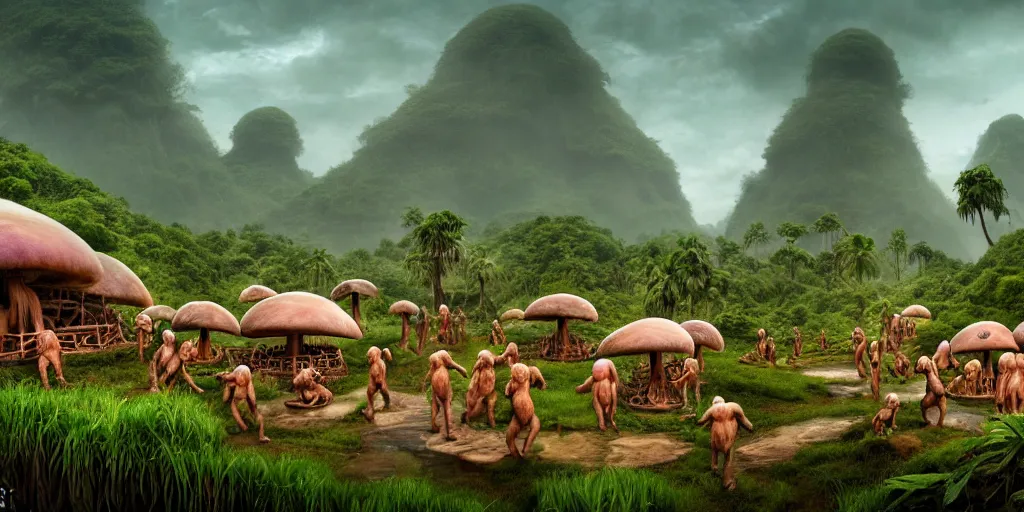 Image similar to a jungle village of albino gorillas and their mushroom huts, matte oil painting, retrofuturistic, science fantasy, salt, rust, mutant, lgbt, queer, rpg, epic, dungeons & dragons, sacred, sharp focus, award - winning, extremely detailed, 4 k, 8 k