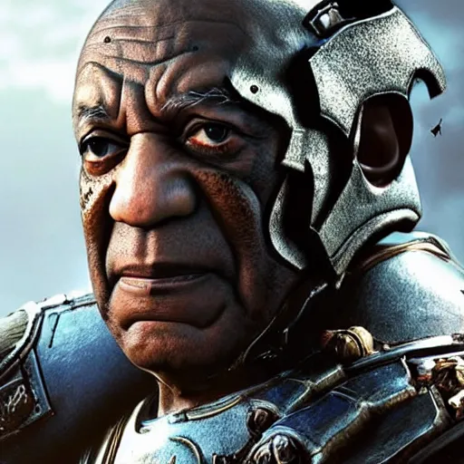 Image similar to Bill Cosby as 'Crusader-Patriot-Knight'!! in Gears of War, splash art, movie still, detailed face, photorealistic facial features, cinematic lighting, dramatic, octane render, long lens, shallow depth of field, bokeh, anamorphic lens flare, 8k, hyper detailed, 35mm film grain