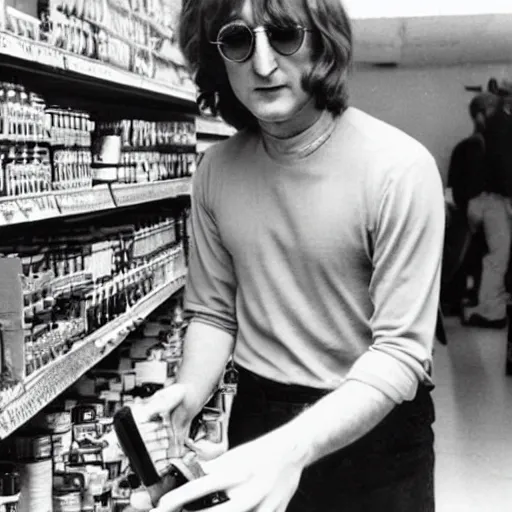 Image similar to John Lennon djing in a supermarket