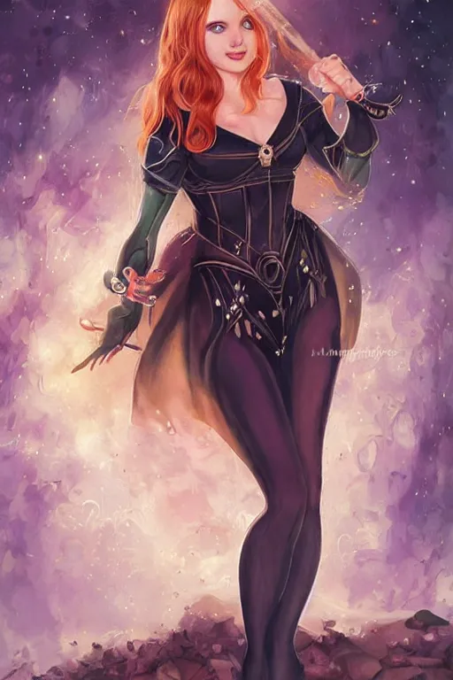 Prompt: frontal standing pose portrait of Sabrina the Teenager Witch, very beautiful young woman, ginger straight hair, Victorian-era push-up underwire. Intricate, concept art, magic mystique imagery themed, D&D!, fantasy style, sharp focus!, ultra detailed, art by Artgerm and Peter Andrew Jones, WLUP, Magali Villeneuve