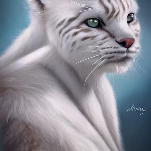 Image similar to beautiful realistic portrait of a person with white lynx head by artgerm, furry fantasy art