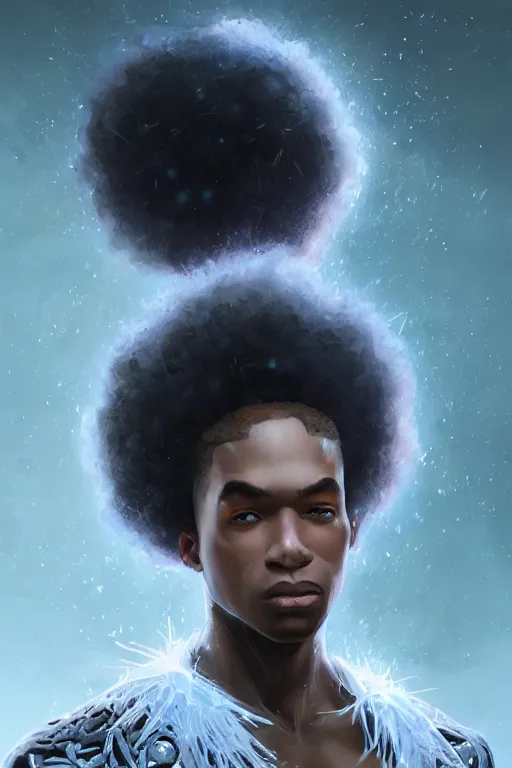 Image similar to ultra realistic illustration, black man with hightop afro, snowy, cold, volumetric lighting, hacknaut cyberpunk, sci - fi, fantasy, intricate, elegant, highly detailed, digital painting, artstation, concept art, smooth, sharp focus, illustration, art by artgerm and greg rutkowski and alphonse mucha