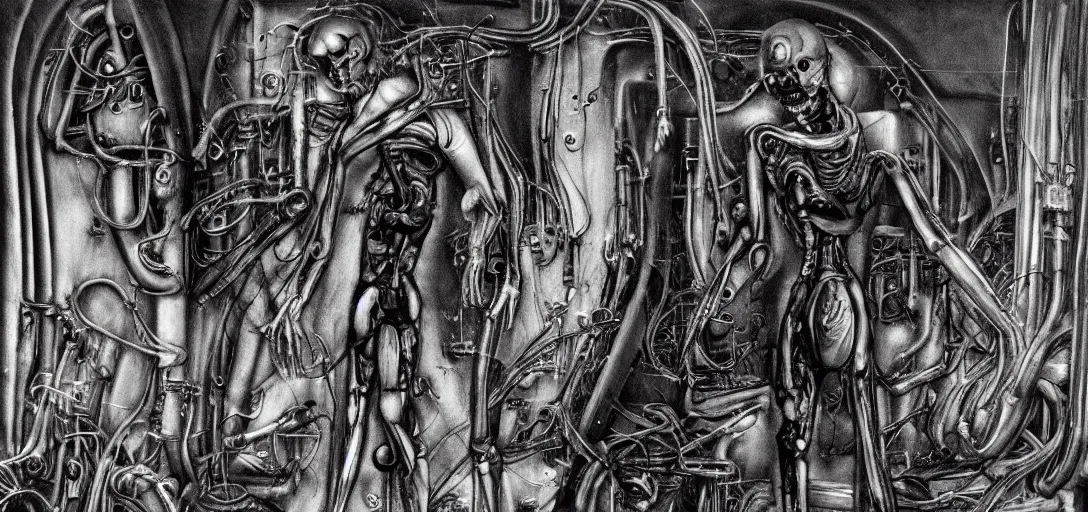 Prompt: a humanoid figure embedded into a machine in the style of hr giger, dark, body horror, human bodies, scary, disturbing, weird