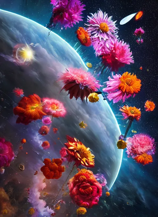 Prompt: An epic fantastic realism comic book style painting of the most beautiful flowers launched into space, bouquets, everything being pulled into a black hole, floral meteor, fisheye, unreal 5, DAZ, hyperrealistic, octane render, dynamic lighting