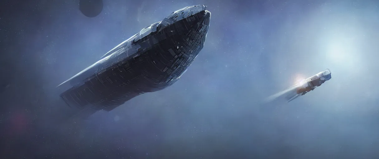 Image similar to concept art, a single lonely spaceship drifting in space, exploring the void, the expanse tv series, industrial design, lost in the immensity of space, spatial phenomenon, space debris, cinematic lighting, 4k, greebles, widescreen ratio, wide angle, beksinski, sharp and blocky shapes