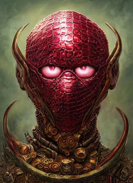 Image similar to raspberry mf doom reptile eyes, metal raspberry skin. intricate, elegant juice, highly detailed, centered, digital painting, artstation, concept art, smooth, sharp focus, illustration, artgerm, tomasz alen kopera, peter mohrbacher, donato giancola, joseph christian leyendecker, wlop, frank frazetta