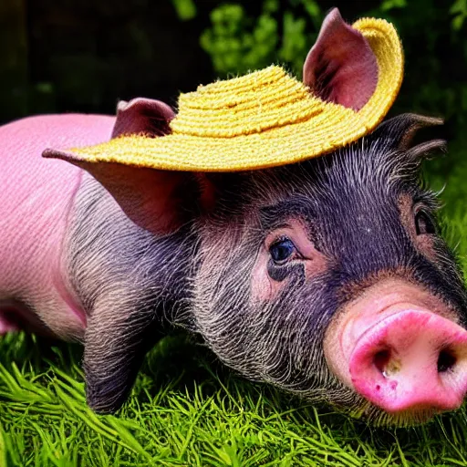 Image similar to a miniature pig wearing a sunhat!!! garden! hyper realistic!! realistic lighting!! wildlife photograph of the year!!! bold natural colors, national geographic, hd, wide angle, 8 k