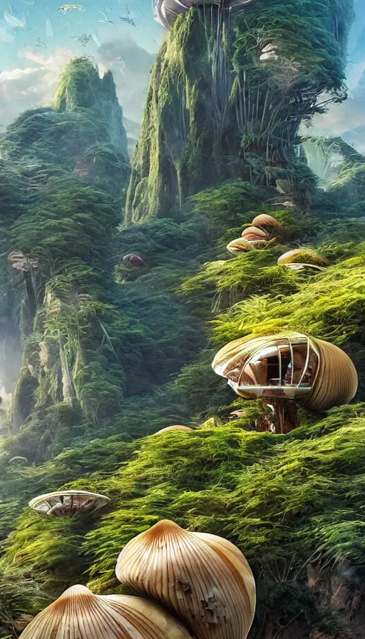 Image similar to beautiful portrait of bamboo living pods shaped like a sea shell built on the side of a cliff, the time machine, spaceship by john berkey, panoramic view, ssci - fi, futuristic valley, rendered in octane, zbrush, rendered in cinema 4 d, art by artgerm, artwork by alex grey and brian froud and esao andrews and david hardy