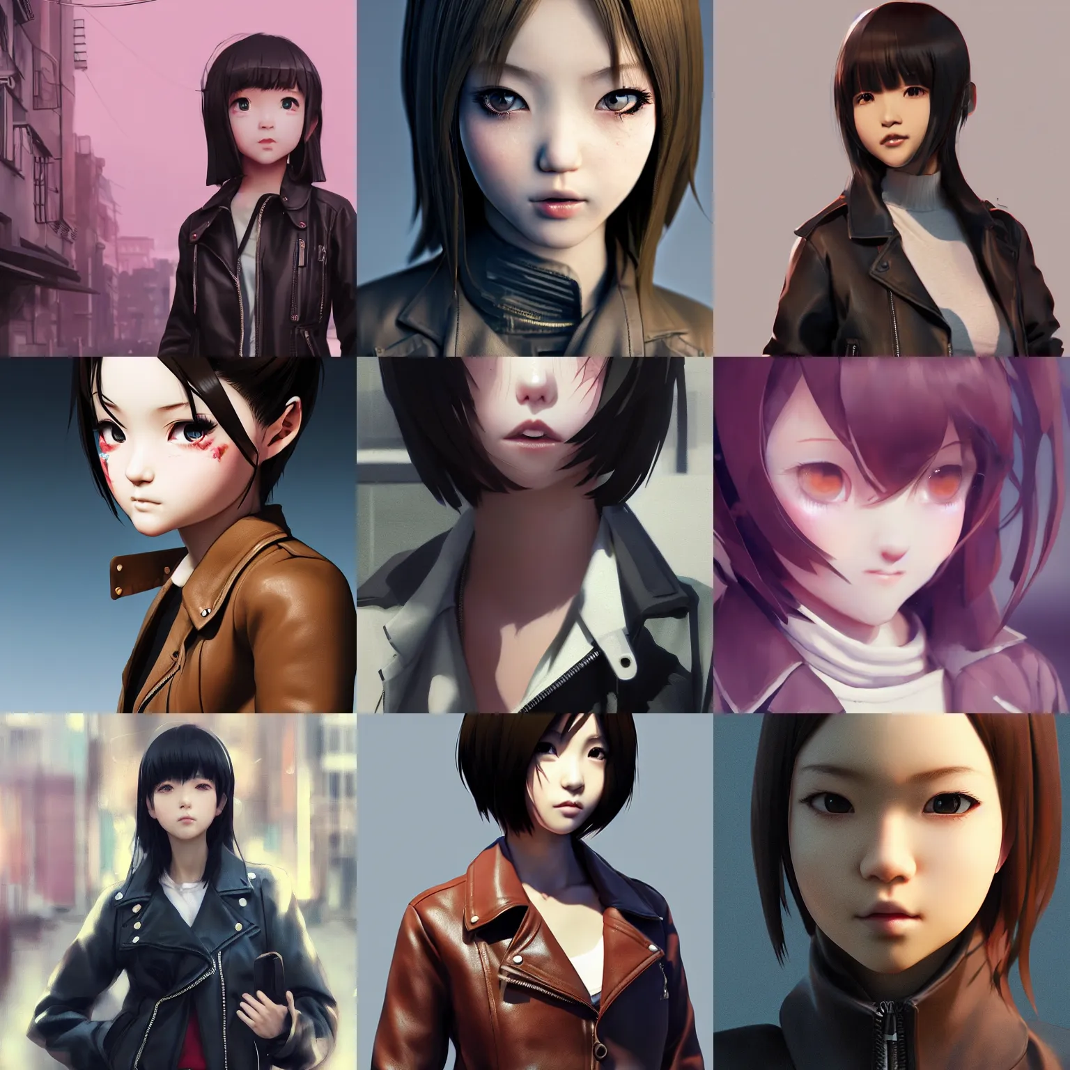 Image similar to clothed, worksafe. cgsociety, by wlop, ilya kuvshinov, krenz cushart, greg rutkowski, trending on artstation. zbrush sculpt, octane, maya, houdini, vfx. close - up face of a cute anime japanese filipino girl wearing leather jacket. cinematic dramatic atmosphere, sharp focus, volumetric lighting.