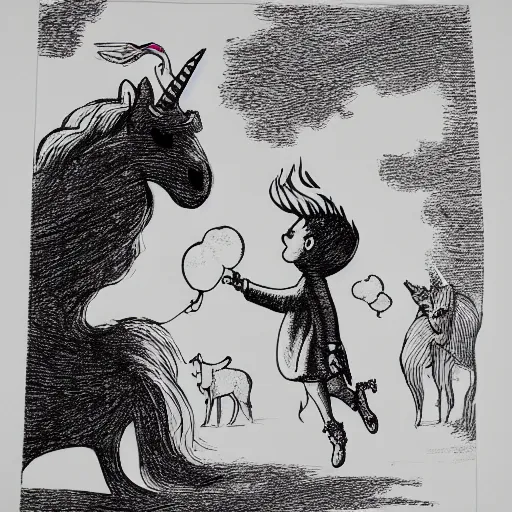 Image similar to a child with balloons getting attacked by a unicorn, black ink on paper