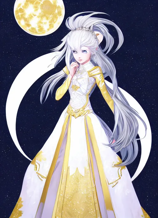 Image similar to commissioned full body portrait of a female anthro wolf princess fursona with white hair wearing a white and gold Japanese armored dress in a white and gold palace on a starry night with a large crescent moon, by a professional manga illustrator, Stanley Artgerm Lau, WLOP, Rossdraws, James Jean, Andrei Riabovitchev, Marc Simonetti, and Sakimichan, trending on artstation