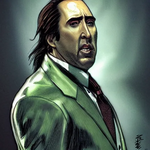 Prompt: nicholas cage as an anthropomorphic pickle, dark-hair, intricate, elegant, highly detailed, smooth, sharp focus, detailed face, high contrast, dramatic lighting, graphic novel, art by Ardian Syaf and Michael Choi