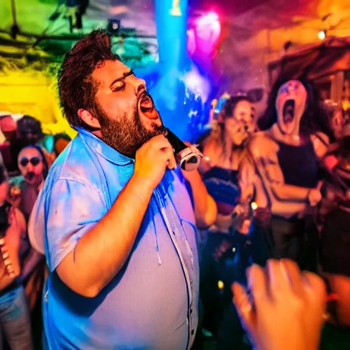 Image similar to a fat gipsy man screams into a mic during a huge party, award winning photograph, colorful