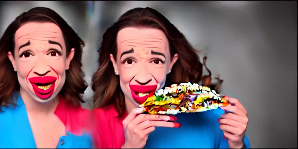 Image similar to old distorted camcorder video of miranda sings holding a taco, multiple poses, video still from miranda sings youtube videos