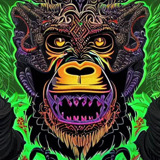 Prompt: barong family member, wiwek, mara demon, one single tribe member, jungle, one single mask, dark, ancient warrior, gorilla, lizard, tribal, inner glow, art by dan mumford and justin gerard and andy warhol