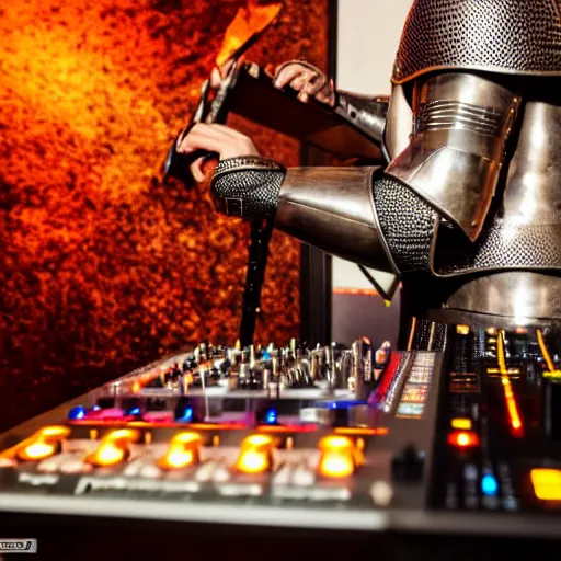 Image similar to photograph of a dubstep dj in holy knight armor djing during a medieval party, 8 k resolution, high detail