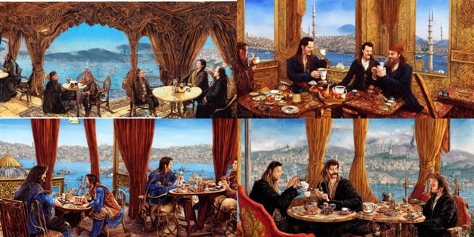 Prompt: illustration of elrond and tom bombadil having a cup of turkish coffee in a coffee house overlooking the stunning view of the bosphorus strait in istanbul, cinecolor, ethereal, hypermaximalist, elegant, ornate, fantasy art, by john howe and alan lee, set designed by dan henah