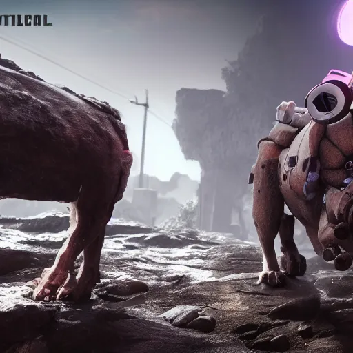 Prompt: hybrid of a cyborg dog and a stone golem, ultra detailed, 8 k, professional lighting, unreal engine.