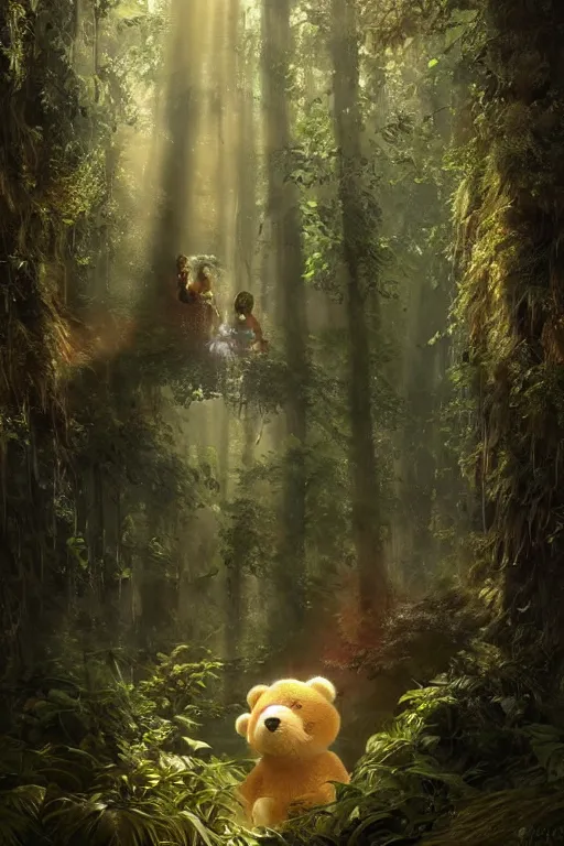 Image similar to mean fluffy teddybear protecting girl in a forest with rays of light coming through the canopy, masterpiece, dystopian, sci-fi, extremely detailed, digital painting, sculpted in zbrush, artstation, concept art, smooth, sharp focus, illustration, chiaroscuro lighting, golden ratio, incredible art, artgerm, greg rutkowski, alphonse mucha, simon stalenhag, carravaggio