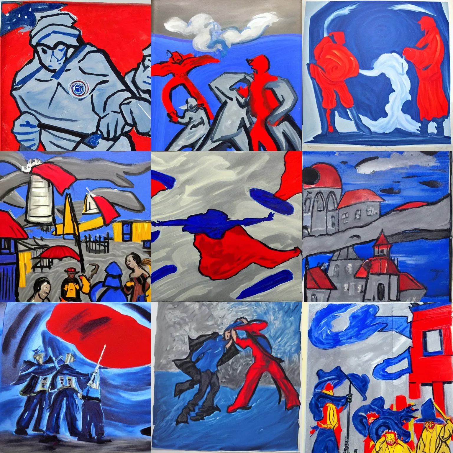 Prompt: fema wizards fighting a hurricane, painting in ashcan school style, cobalt blue, payne's grey, venetian red