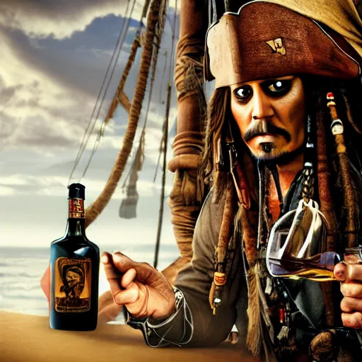 Image similar to jack sparrow drinks rum from bottle at his pirate ship, focus, 3 d illustration, sharp, intricate, poster, bottle of rum, pirate ship at background, photo, detailed photo, scene from pirates of caribbean